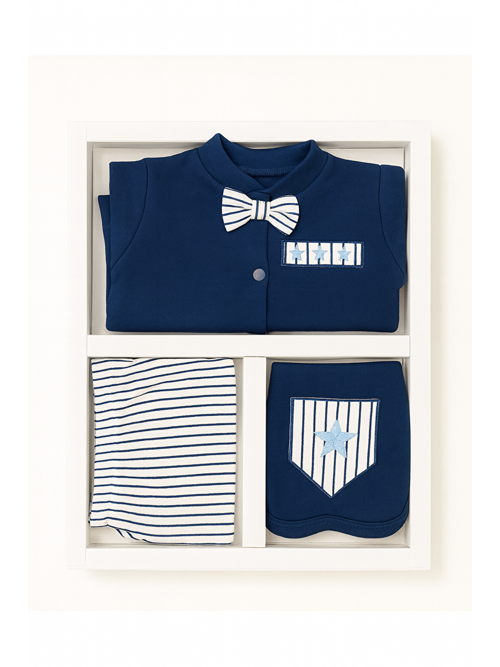 Lacivert Erkek Bebek Kutulu Papyonlu 5li Hastane Çıkış Seti-1