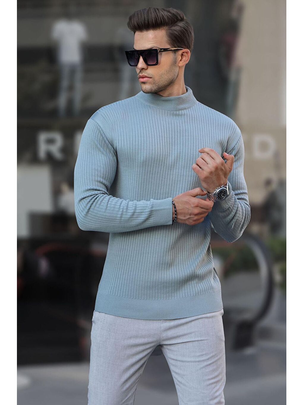 Turkuaz Su Yeşili Balıkçı Yaka Erkek Triko Kazak 6822-1