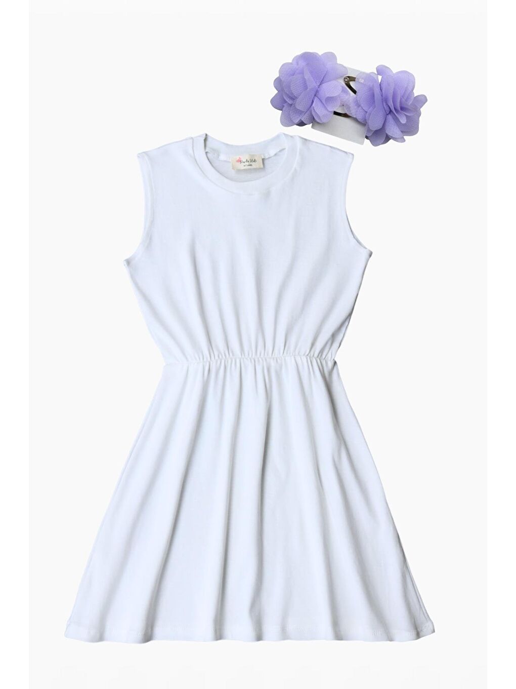 Beyaz Kız Çocuk Krem Elbise Lila Toka Takım-4