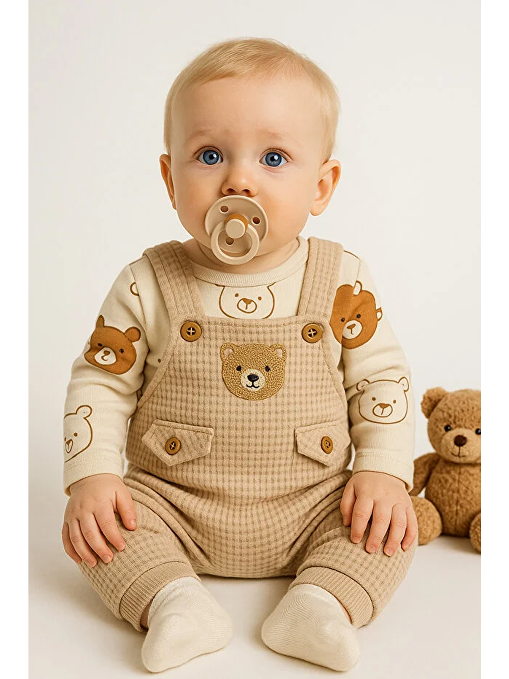 Kahverengi Nakışlı Ayılı 2li Salopet Takımı Uzun Kol Çıtçıtlı Çorap Hediye-1