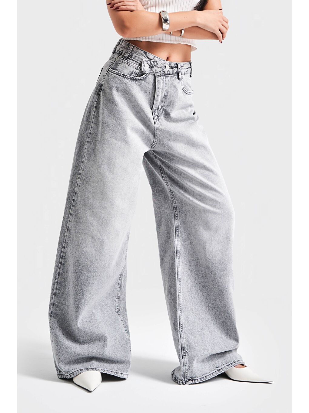 Kadın Gri Jean Rengi 4S5-12 Mega Baggy Fit Bol Kesim %100 Pamuk Denim Jean