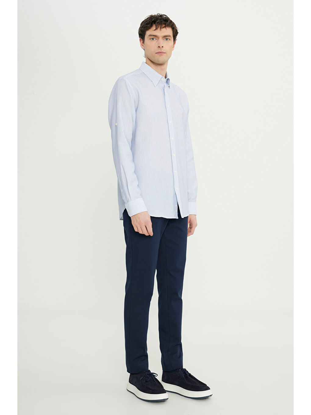 Erkek Mavi Pamuklu Comfort Fit Rahat Kesim Küçük İtalyan Yaka Armürlü Gömlek-1