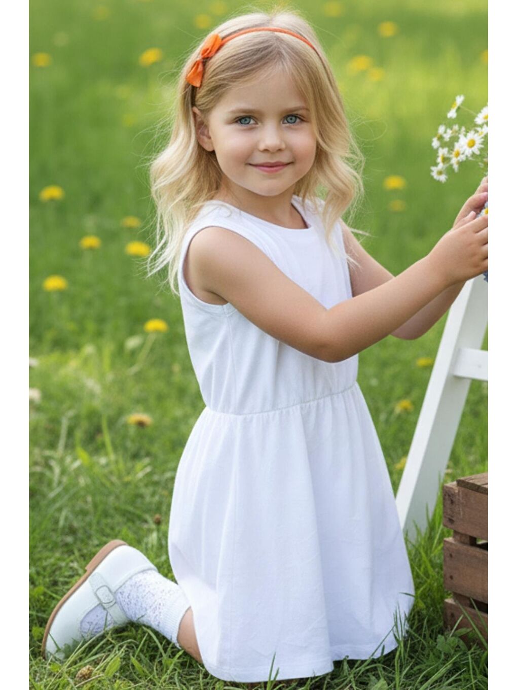 Beyaz Kız Çocuk Kabartma Desenli Elbise Turuncu Toka Takım-2