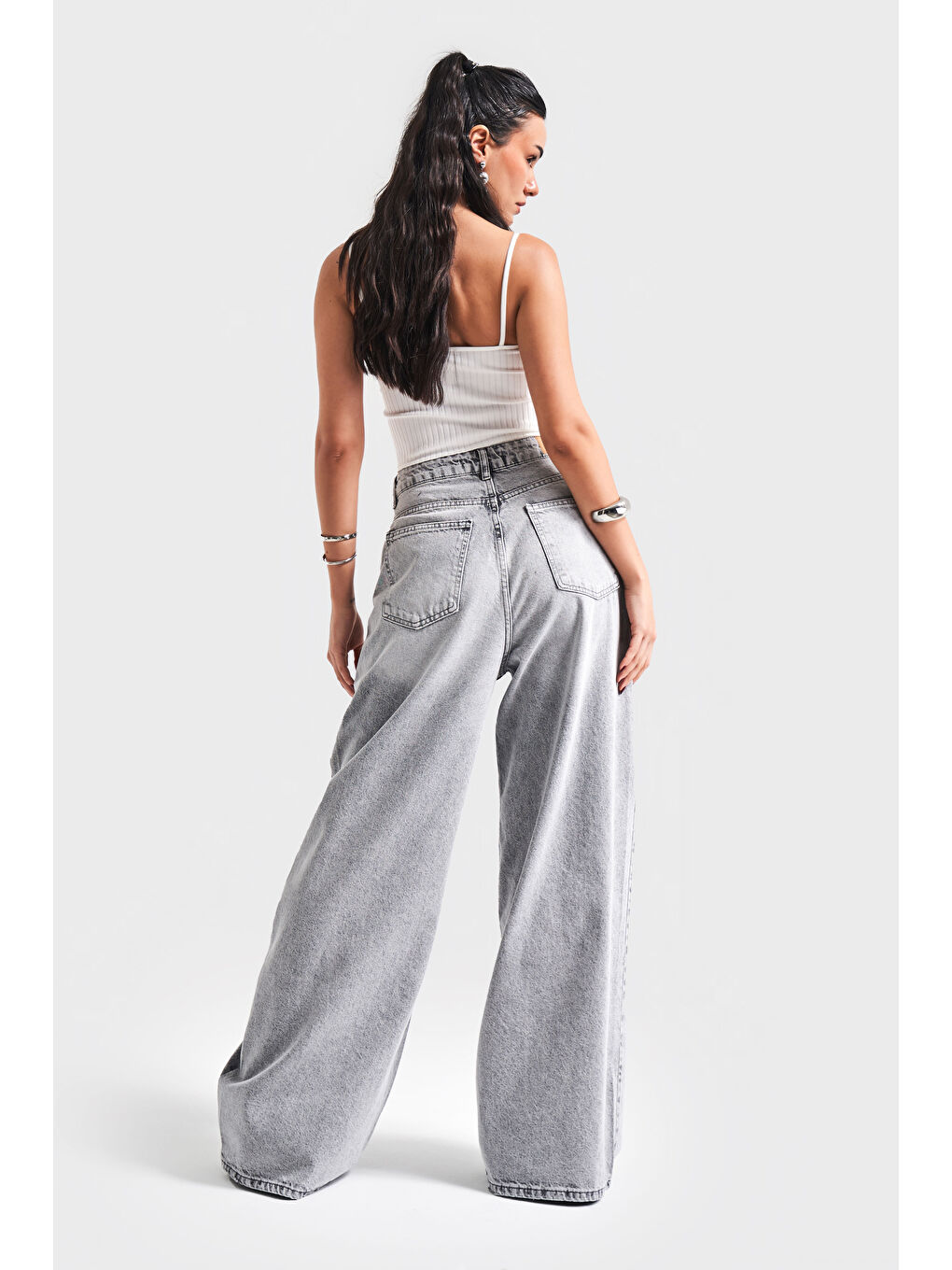 Kadın Gri Jean Rengi 4S5-12 Mega Baggy Fit Bol Kesim %100 Pamuk Denim Jean-2