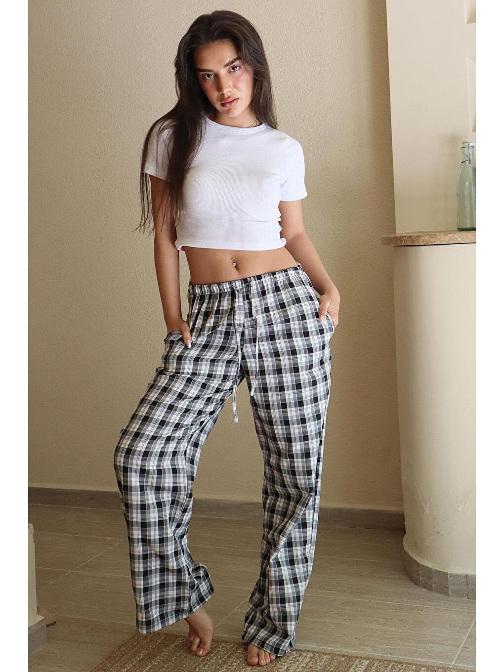 Antrasit Ekoseli Kadın Pantolon Mg2401-2