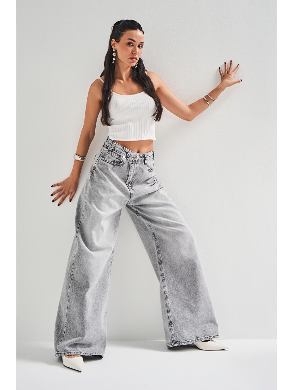 Kadın Gri Jean Rengi 4S5-12 Mega Baggy Fit Bol Kesim %100 Pamuk Denim Jean-4