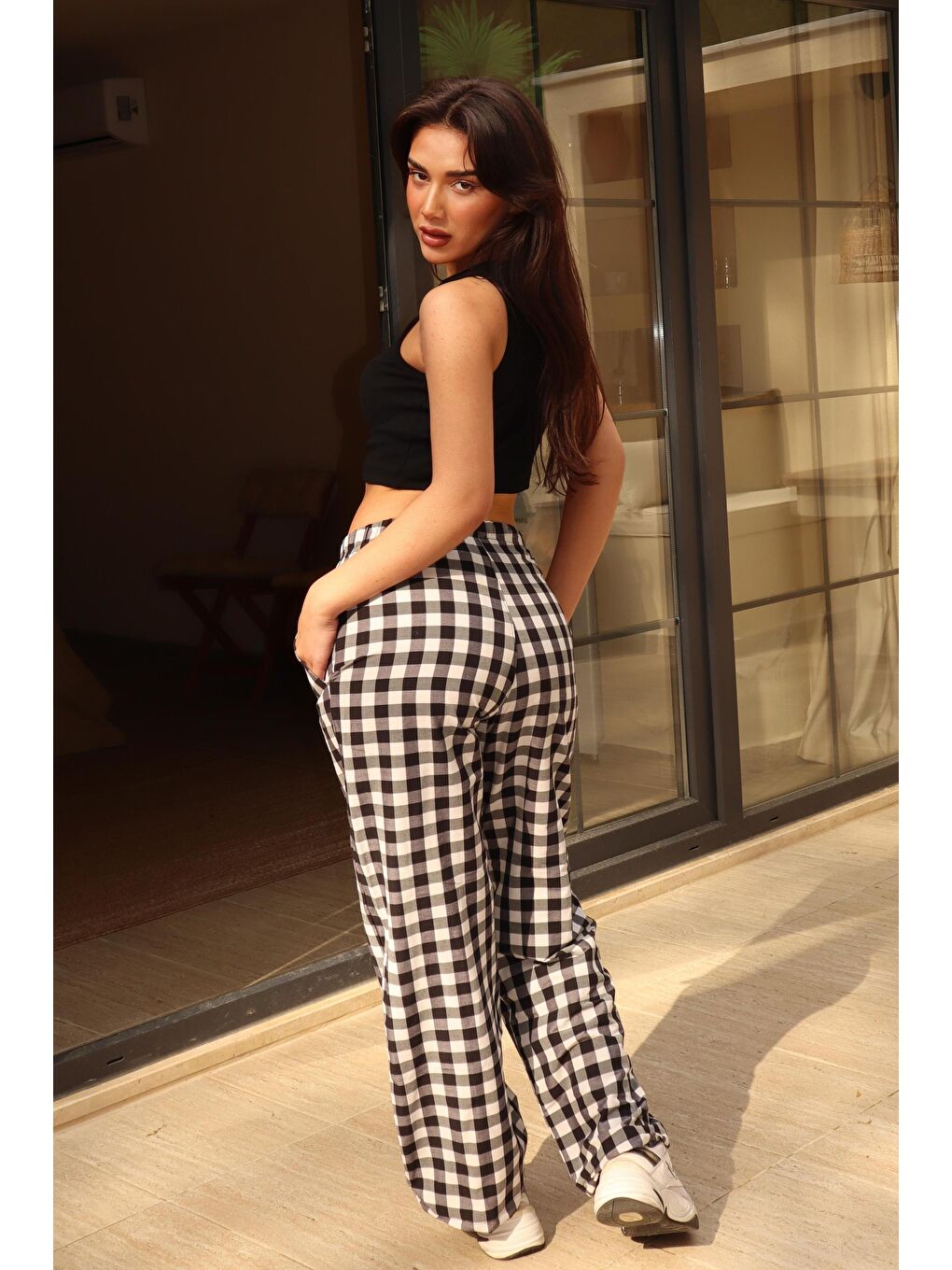 Siyah Ekoseli Kadın Pantolon Mg2401-1