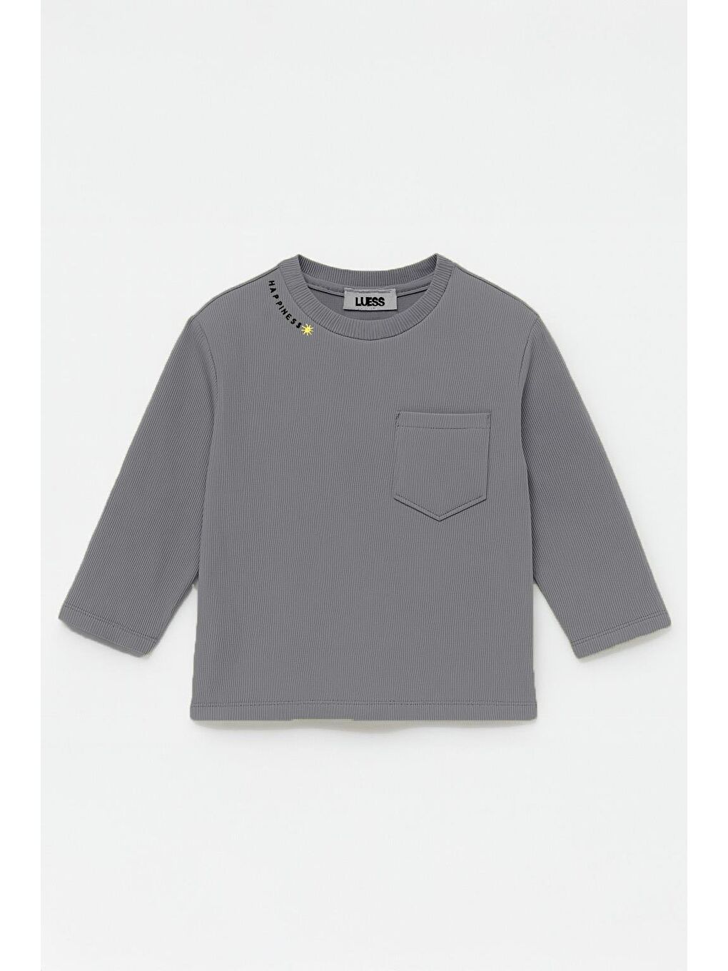 Antrasit Unisex Çocuk Happiness Nakışlı Cepli Fitilli Kaşkorse Tişört