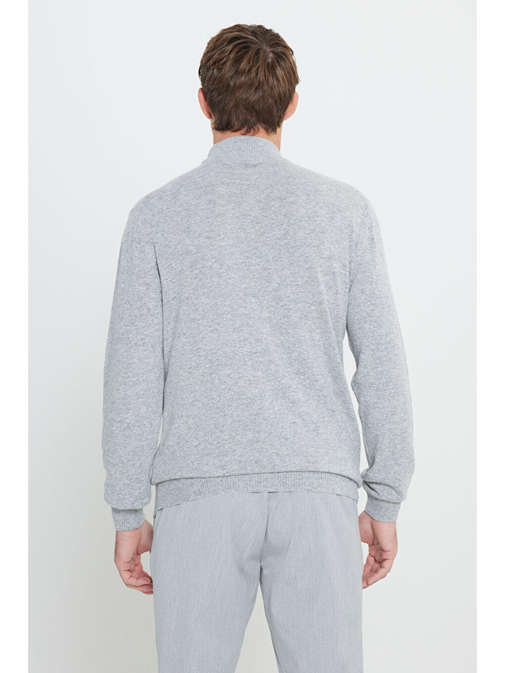 Erkek Gri Melanj Standart Fit Normal Kesim Yarım Balıkçı Yaka Jakarlı Yün Triko Kazak-4