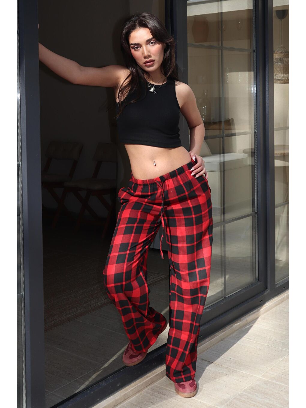 Bordo Ekoseli Kadın Pantolon Mg2401