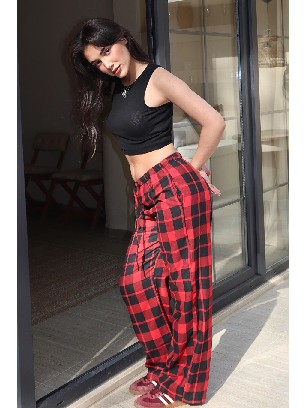 Bordo Ekoseli Kadın Pantolon Mg2401-1