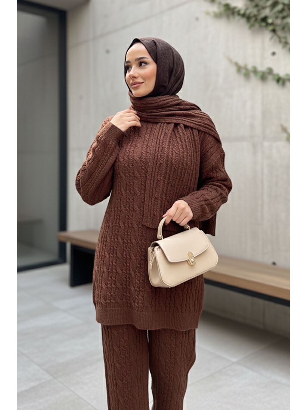 Kahverengi Saç Örgülü Atkılı Tunik Pantolon Tesettür Triko Üçlü Takım