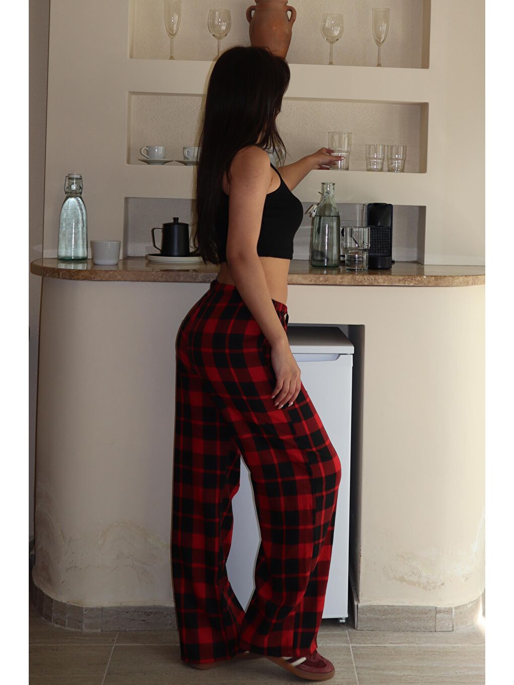 Bordo Ekoseli Kadın Pantolon Mg2401-2