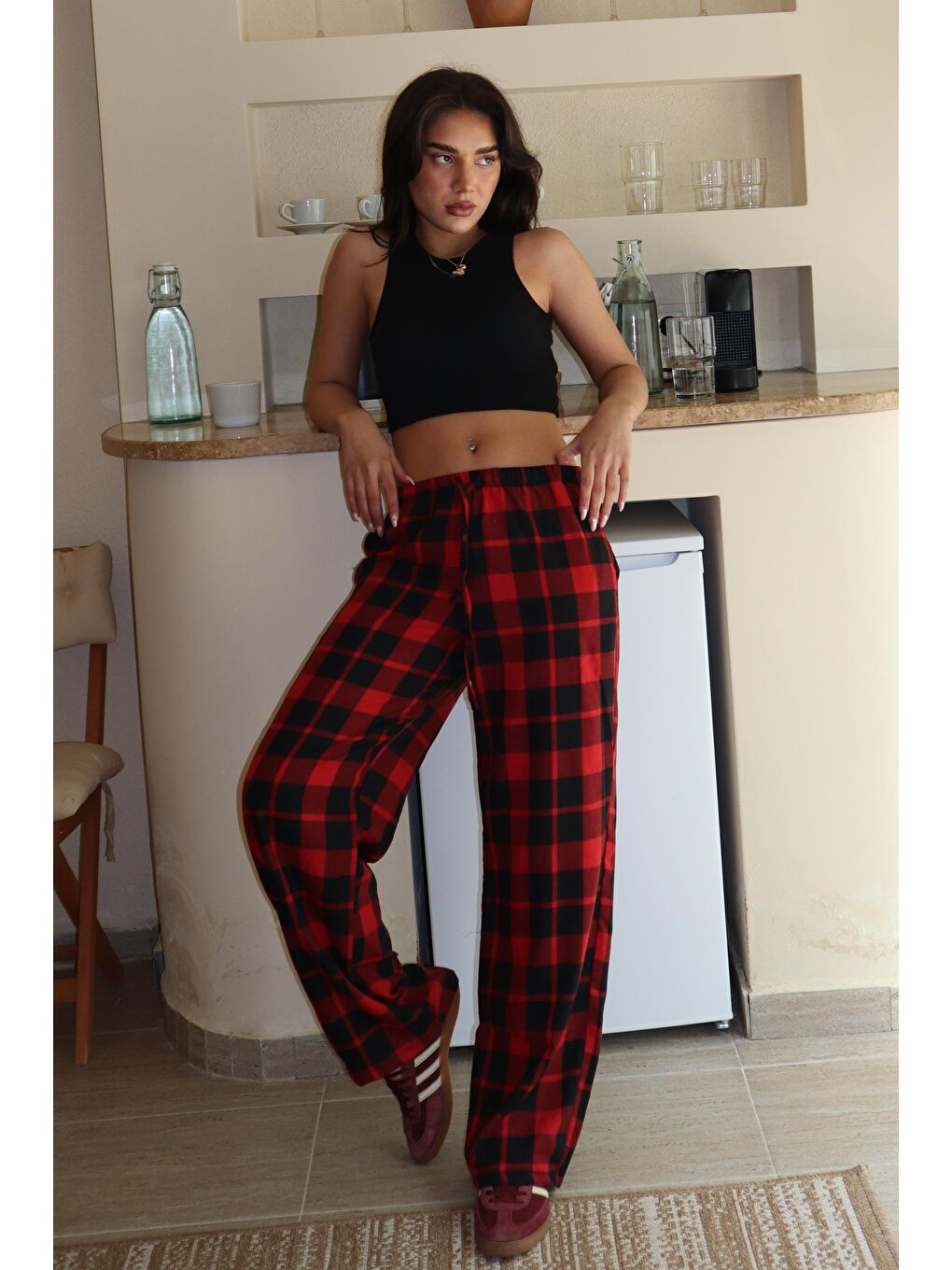 Bordo Ekoseli Kadın Pantolon Mg2401-3