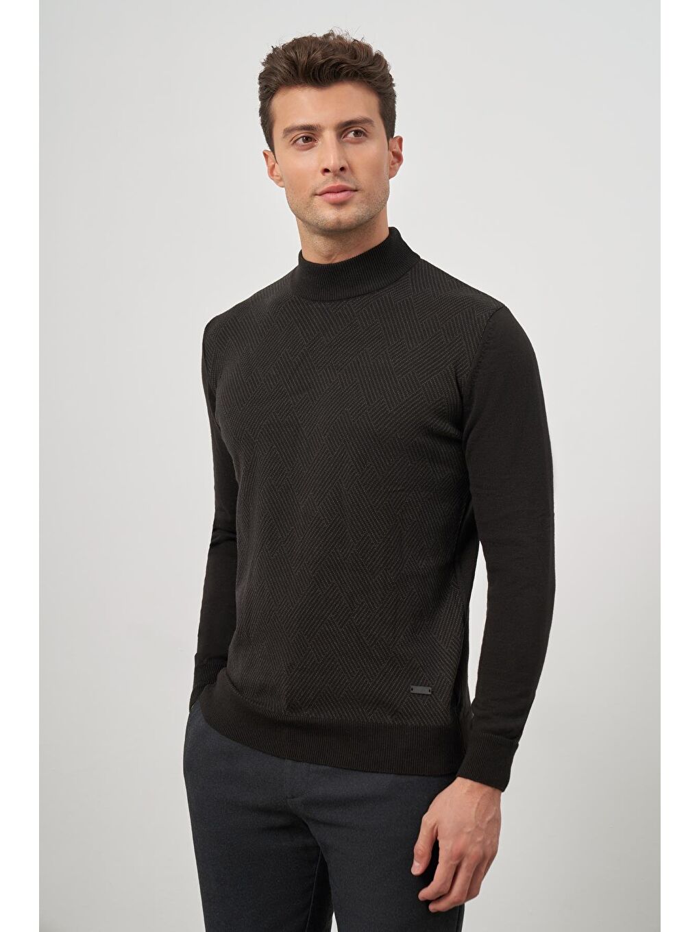 Siyah Uzun Kol Kendinden Düz Örme Yarım Balıkçı Yaka Classic Comfort Fit Triko 1012245159