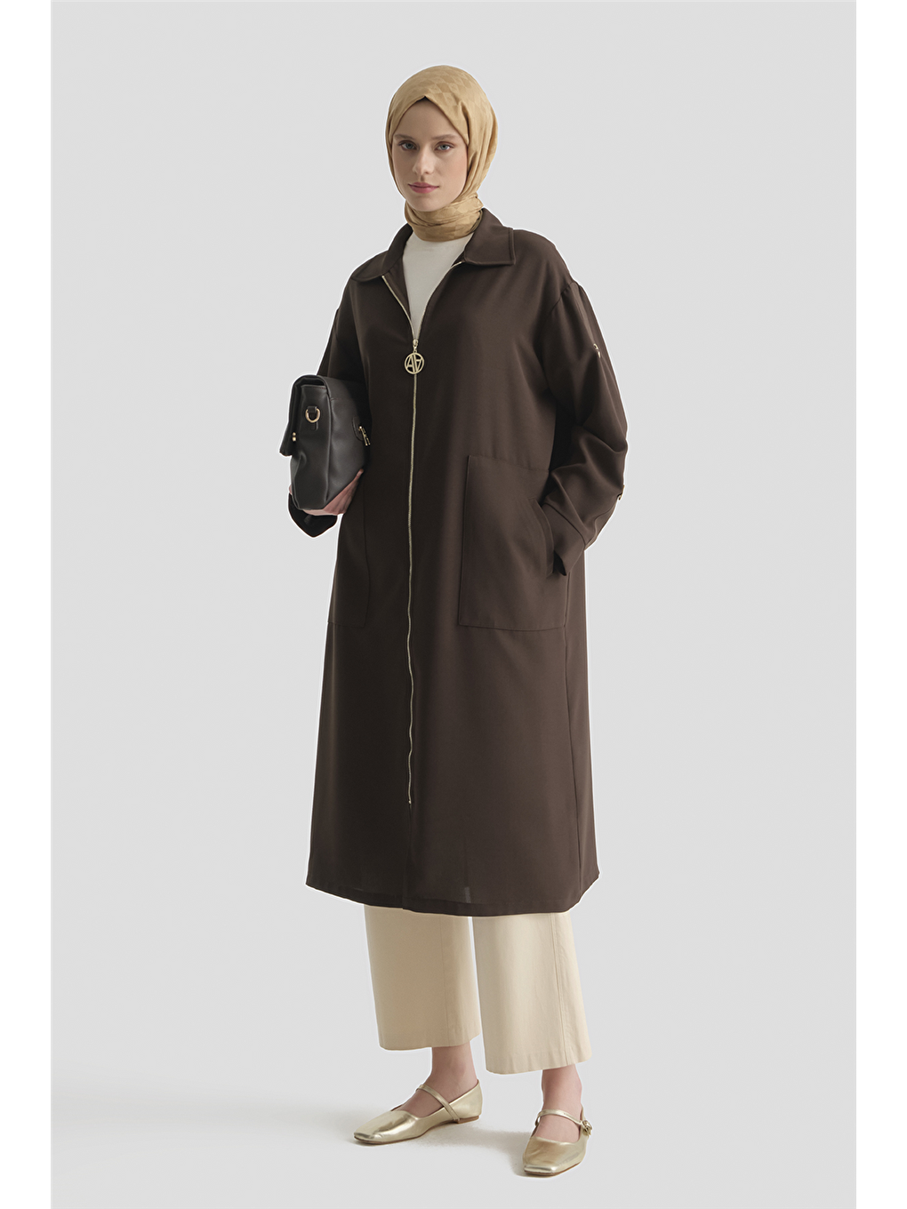 Kahverengi Fermuarlı Ferace Kahve-2