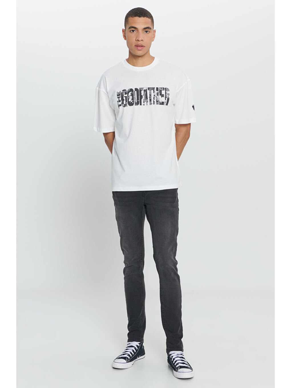Erkek Beyaz The Godfather Lisanslı Loose Fit Bol Kesim %100 Pamuk Bisiklet Yaka Baskılı Tişört-1