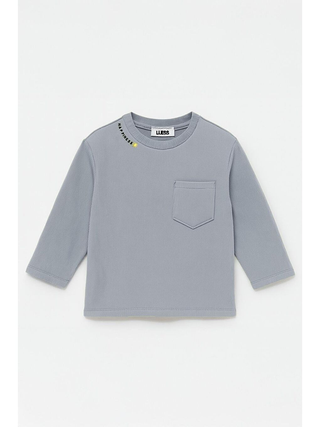 Mavi Unisex Çocuk Happiness Nakışlı Cepli Fitilli Kaşkorse Tişört