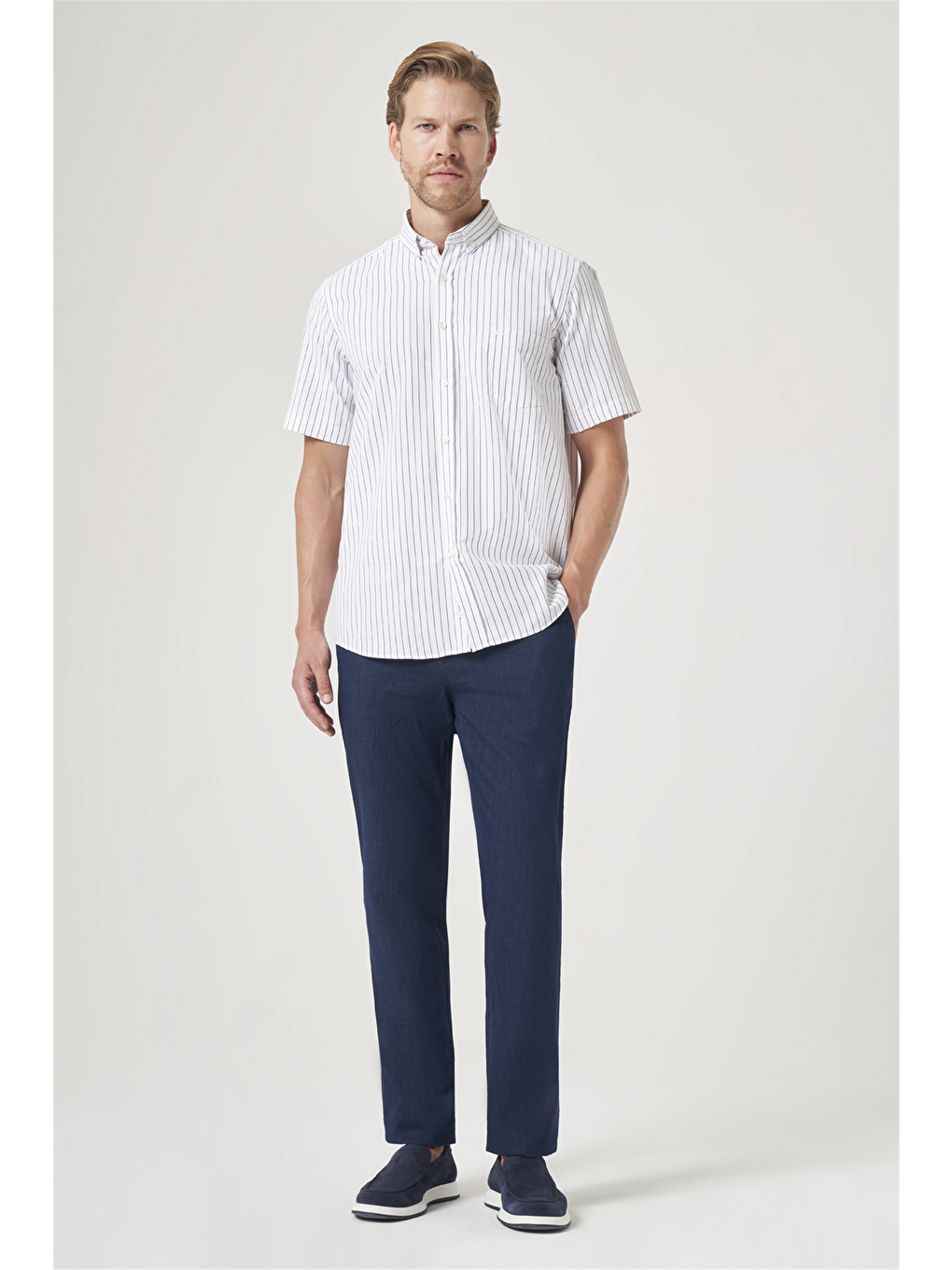Beyaz-bordo Düğmeli Yaka Kısa Kol Cepli Oxford Comfort Fit Pamuklu Gömlek 1004260187-1
