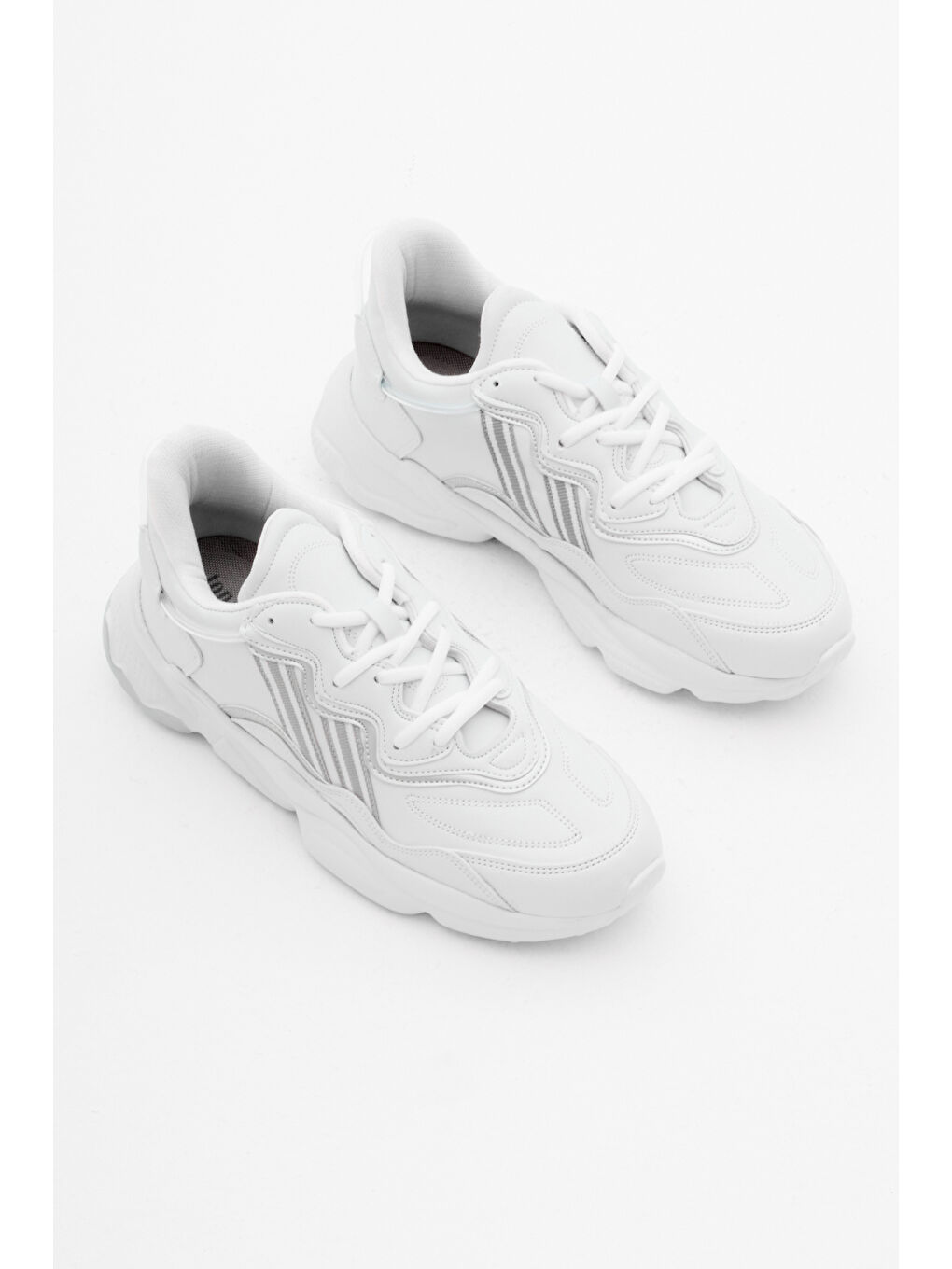 Unisex Beyaz Cilt Rahat Kalıp Yüksek Taban Şeritli Bağcıklı Spor Ayakkabı-2