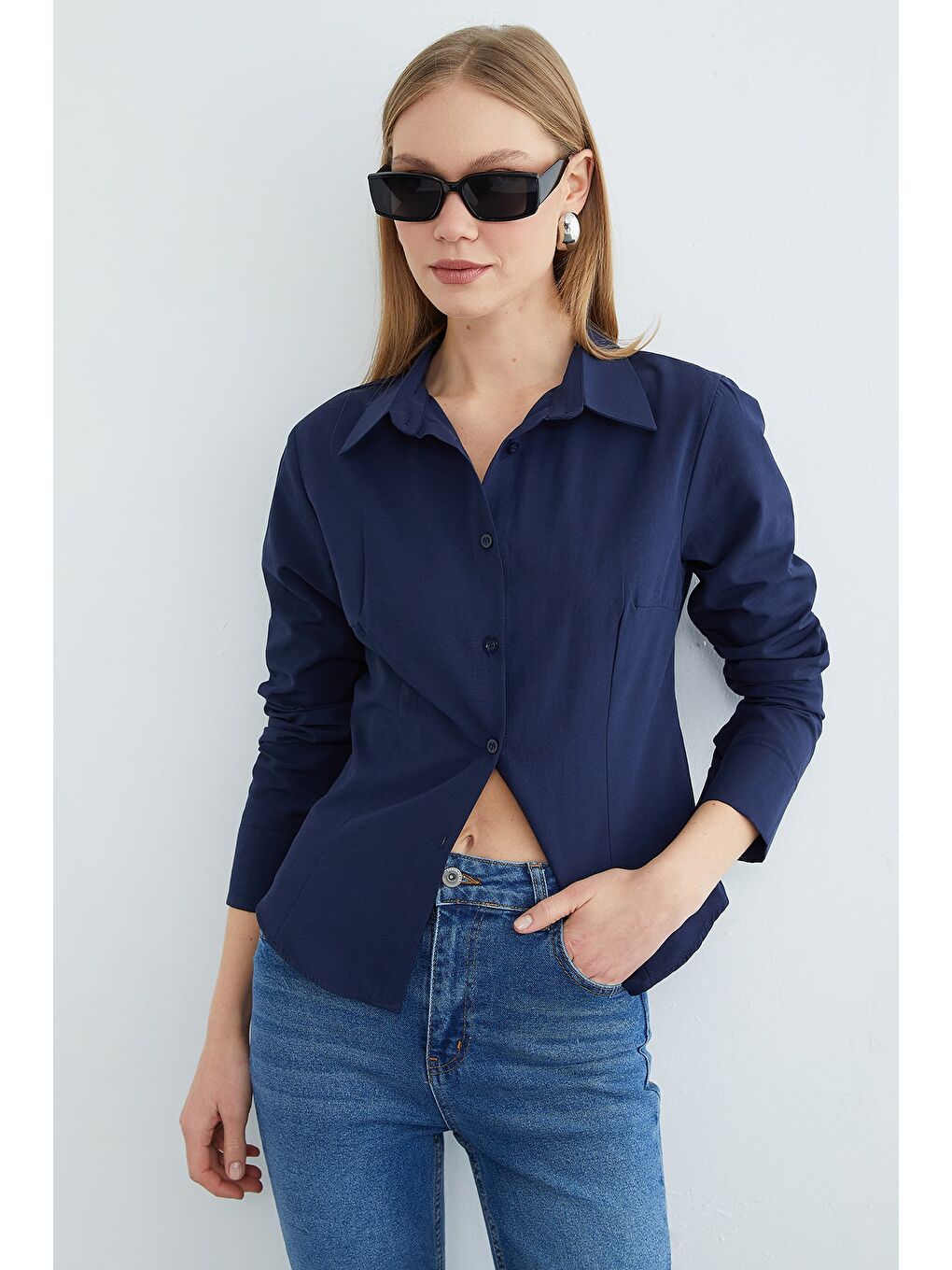 Lacivert Basic Pensli Slim Fit Gömlek