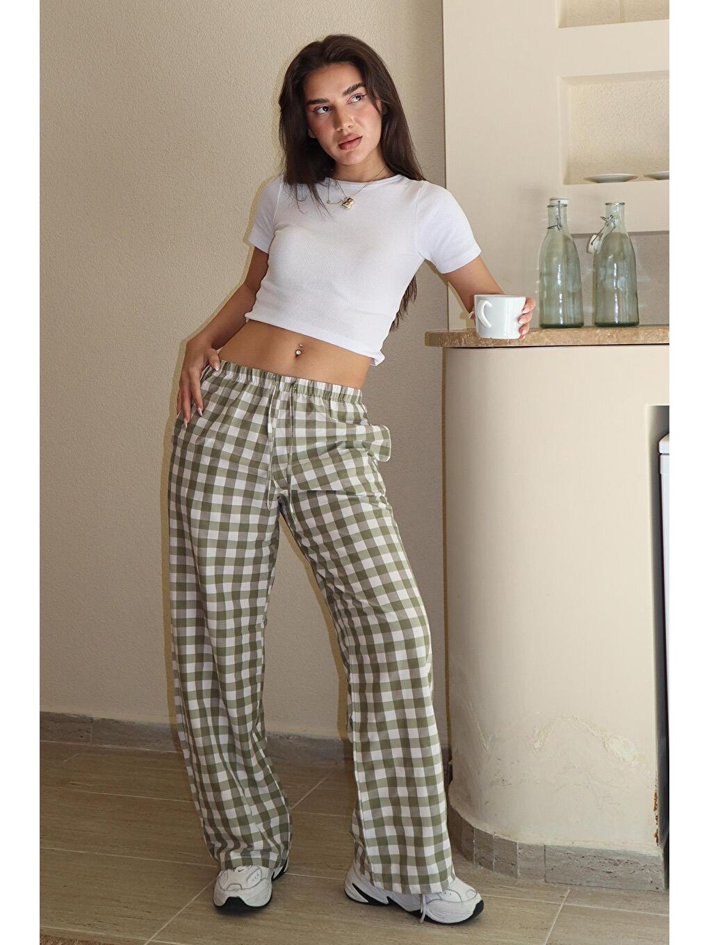 Yeşil Ekoseli Kadın Pantolon Mg2401