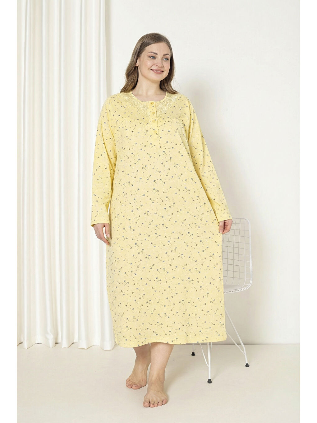 Sarı %100 Pamuklu Mevsimlik Kumaş Uzun Kollu Büyük Beden Anne Geceliği 585
