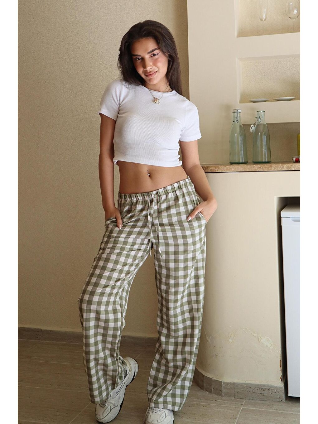 Yeşil Ekoseli Kadın Pantolon Mg2401-2