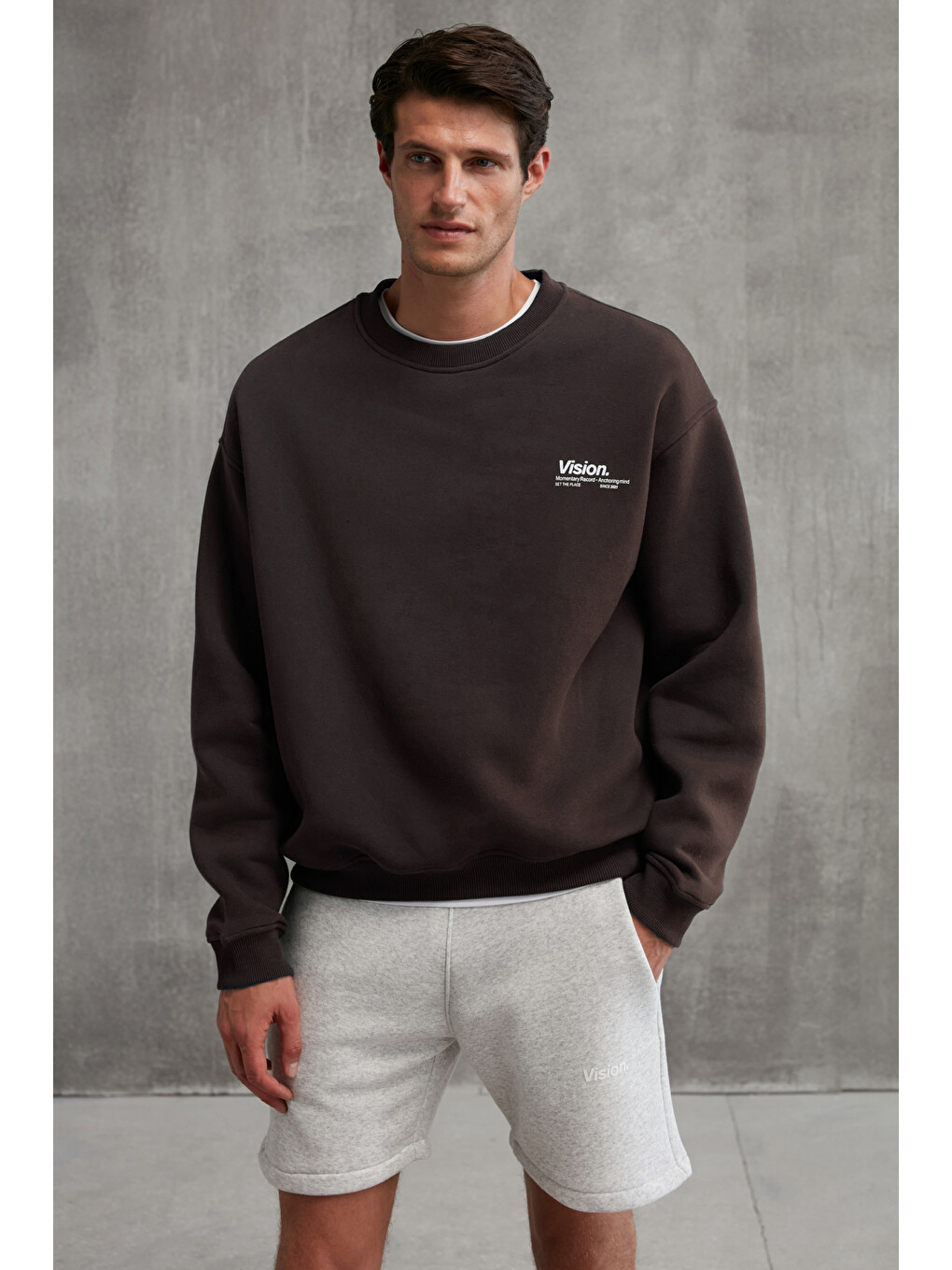 Kahverengi Ernest Erkek Organik Pamuklu Yumuşacık Baskı Detaylı Bisiklet Yaka İçi Polarlı KAHVERENGİ Sweatshirt-1