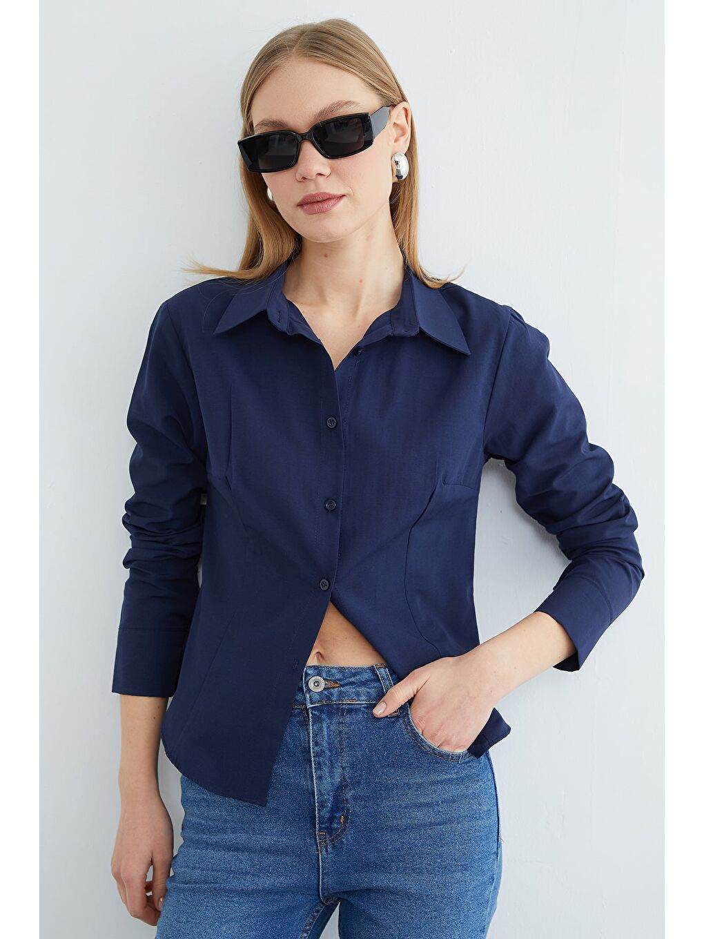 Lacivert Basic Pensli Slim Fit Gömlek-1