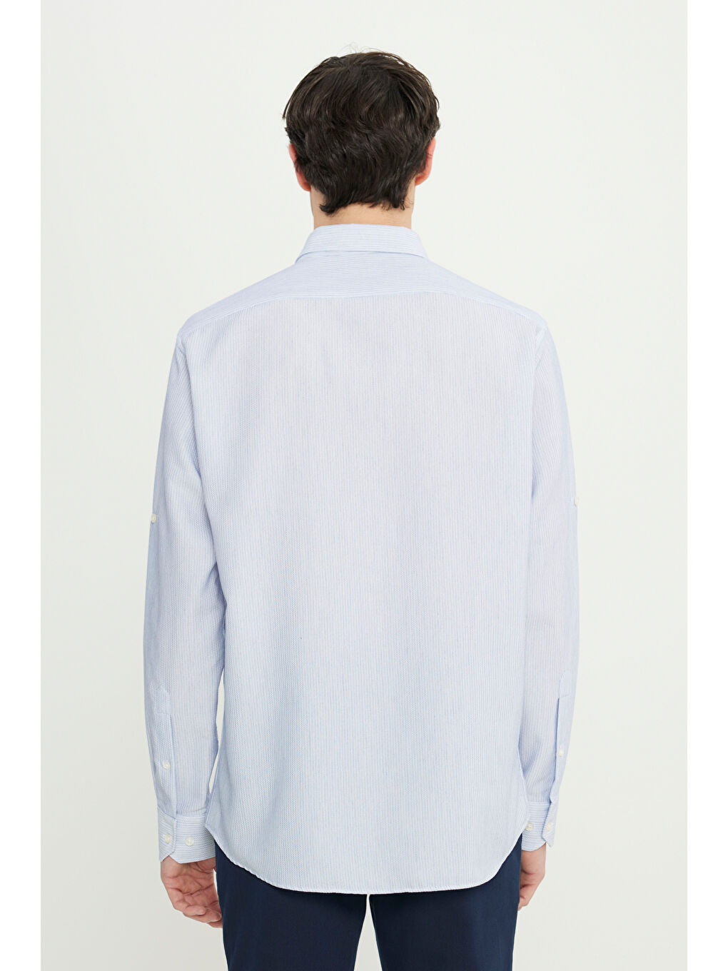 Erkek Mavi Pamuklu Comfort Fit Rahat Kesim Küçük İtalyan Yaka Armürlü Gömlek-4