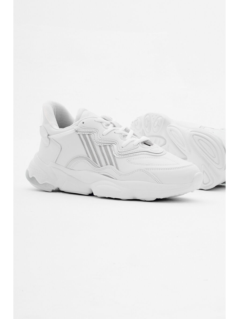 Unisex Beyaz Cilt Rahat Kalıp Yüksek Taban Şeritli Bağcıklı Spor Ayakkabı-3