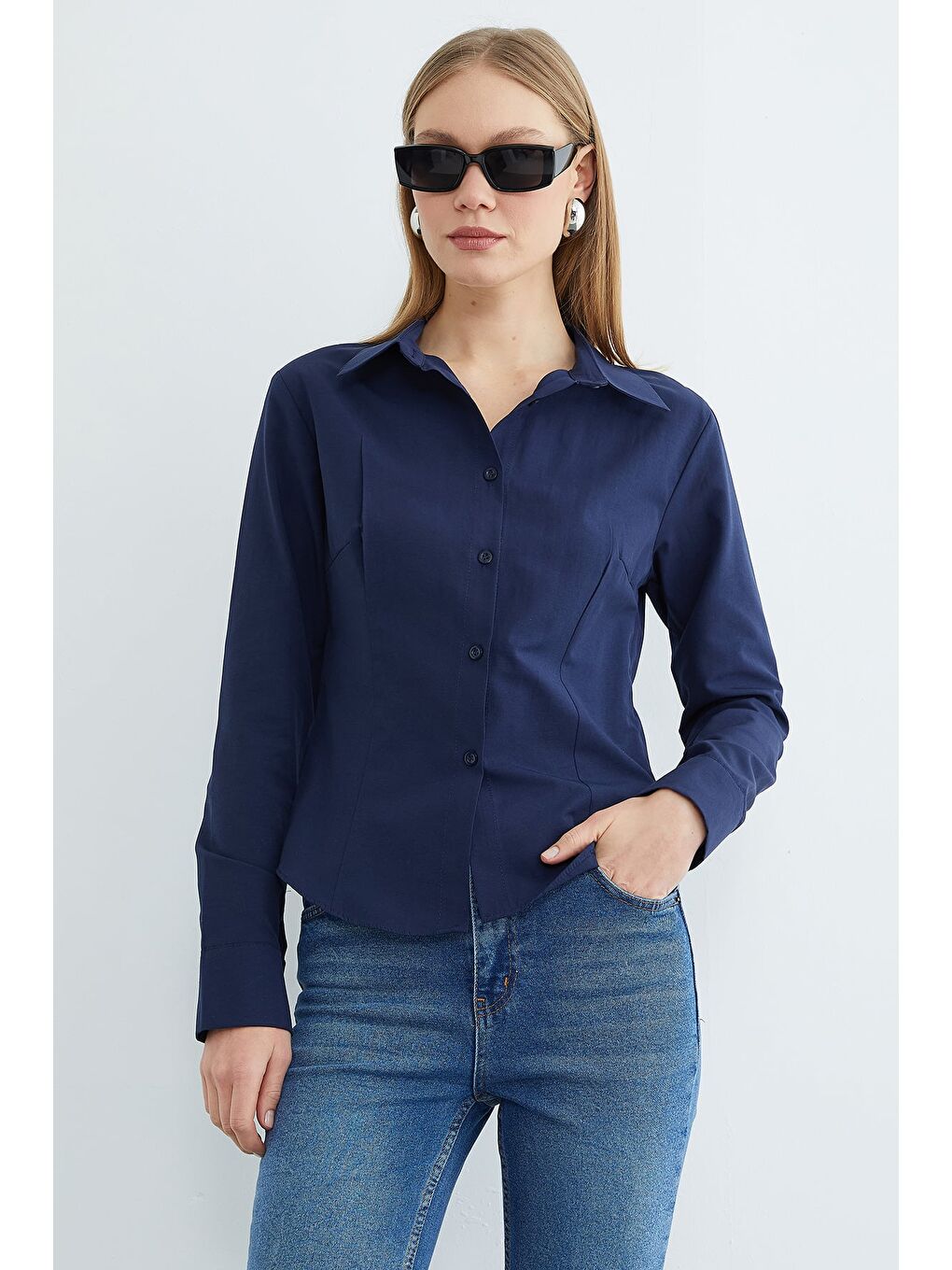 Lacivert Basic Pensli Slim Fit Gömlek-2