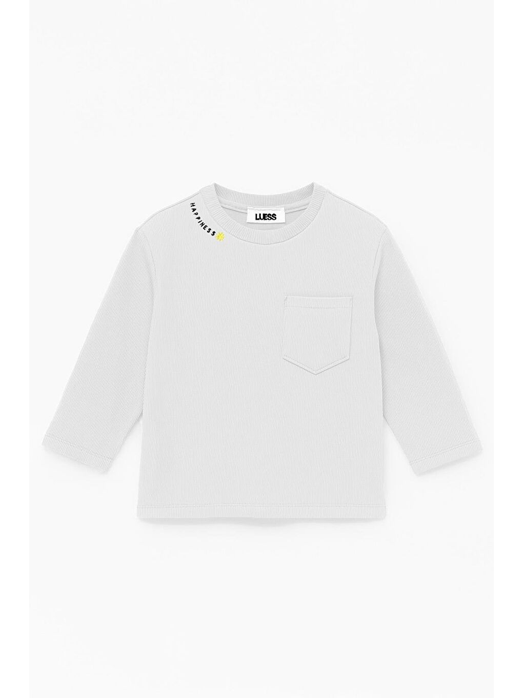 Beyaz Unisex Çocuk Happiness Nakışlı Cepli Fitilli Kaşkorse Tişört-1