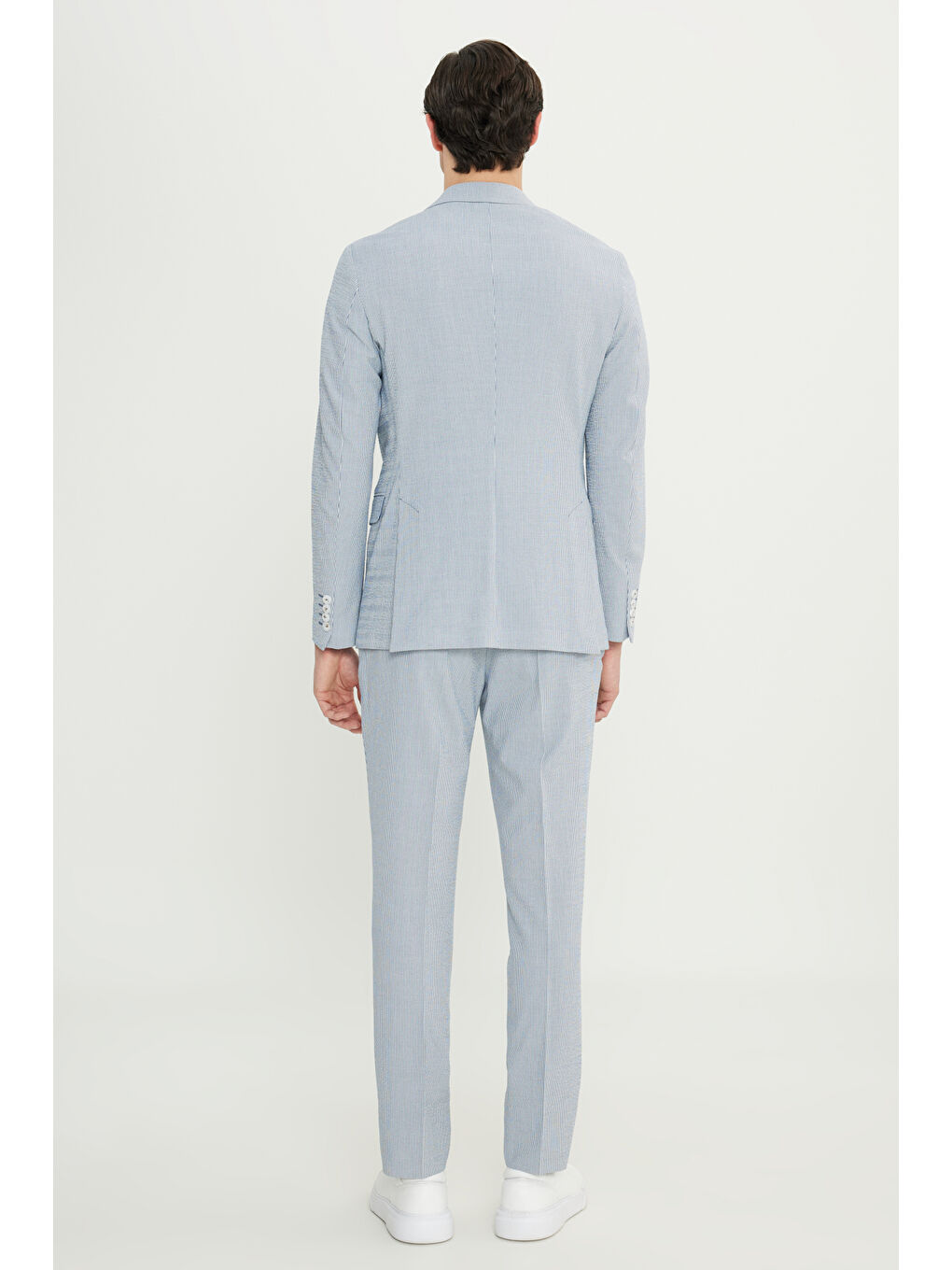 Erkek Lacivert-Beyaz Slim Fit Dar Kesim Kırlangıç Yaka Çizgili Gofre Desenli Kruvaze Takım Elbise-6