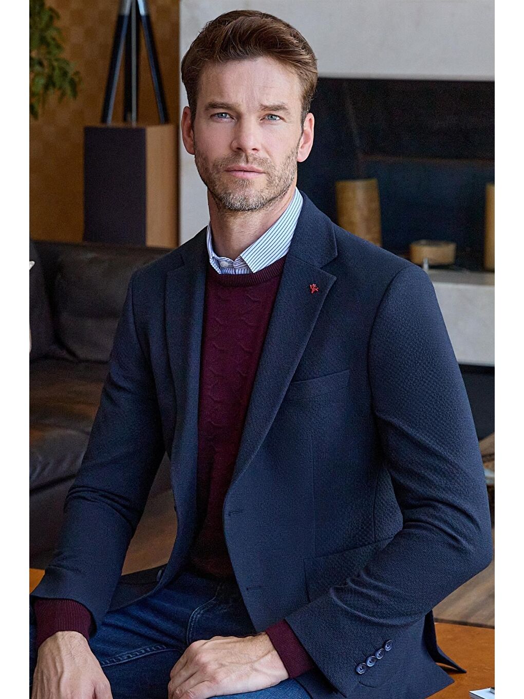 Bordo Uzun Kol Kendinden Desenli Örme Bisiklet Yaka Classic Comfort Fit Triko 1012245155-1