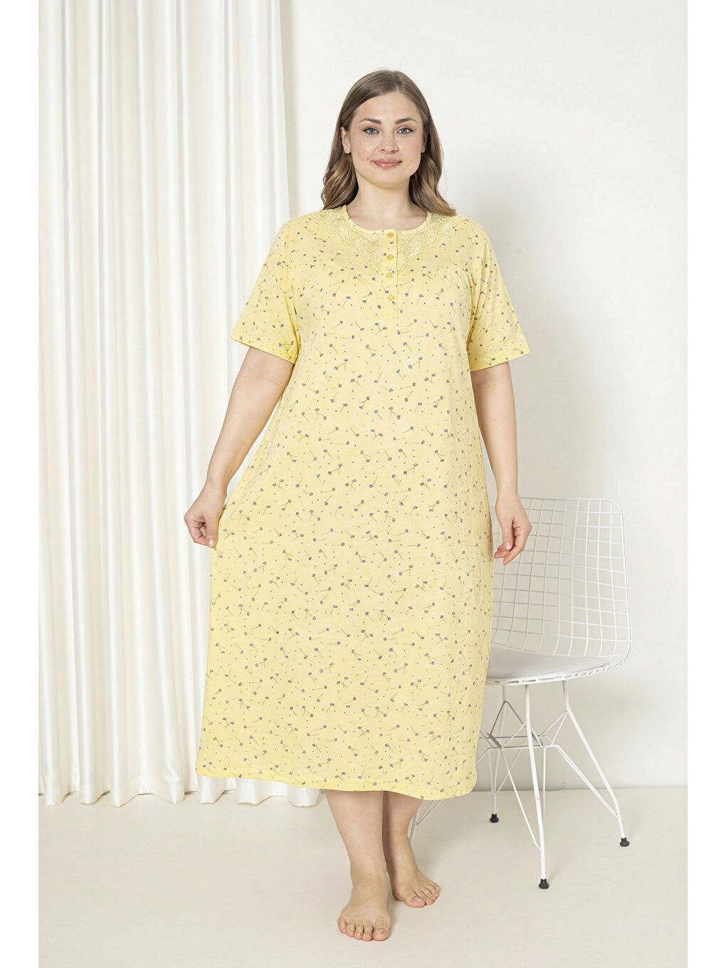Sarı %100 Pamuklu Kısa Kollu Büyük Beden Anne Geceliği 586