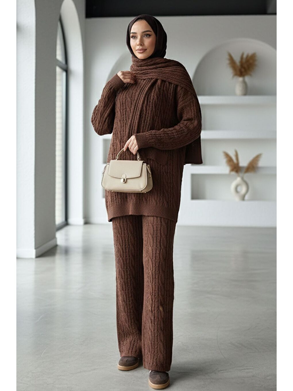 Kahverengi Saç Örgülü Atkılı Tunik Pantolon Tesettür Triko Üçlü Takım-5