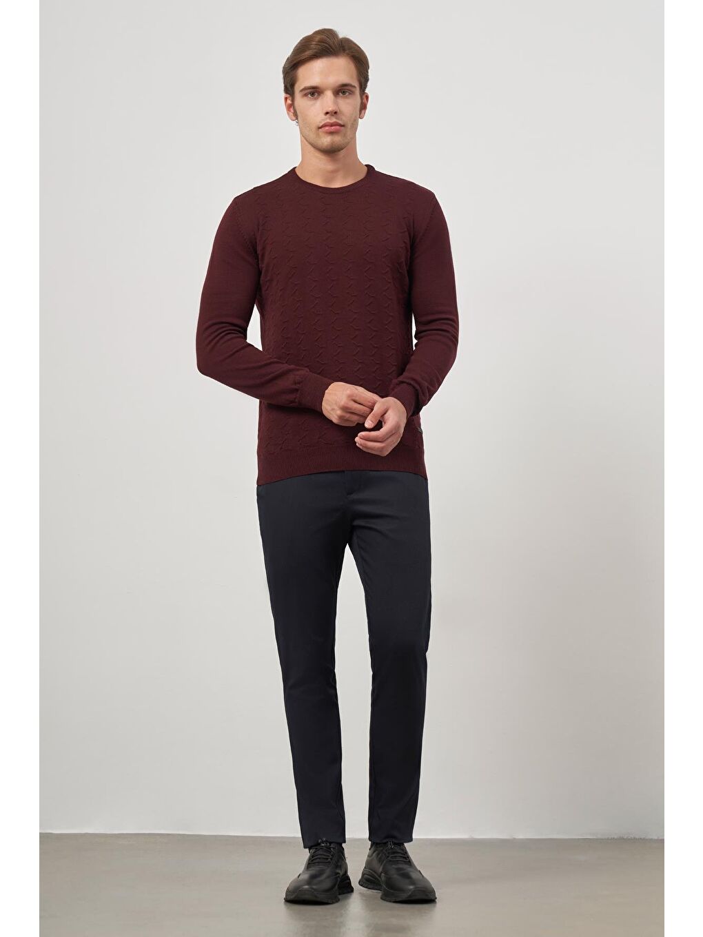 Bordo Uzun Kol Kendinden Desenli Örme Bisiklet Yaka Classic Comfort Fit Triko 1012245155-3