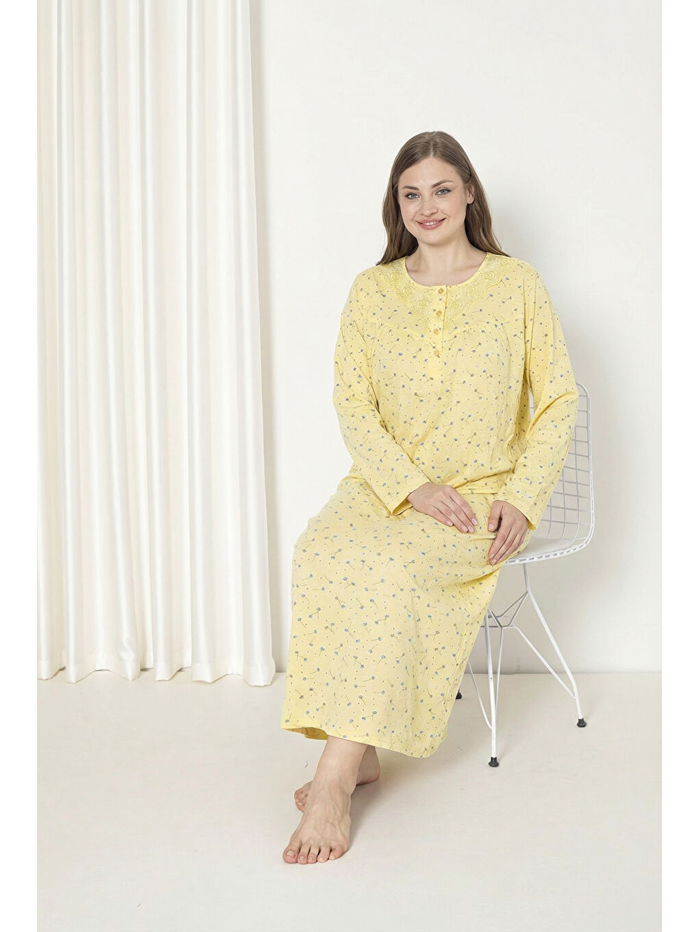 Sarı %100 Pamuklu Mevsimlik Kumaş Uzun Kollu Büyük Beden Anne Geceliği 585-3