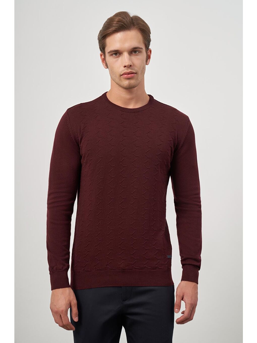 Bordo Uzun Kol Kendinden Desenli Örme Bisiklet Yaka Classic Comfort Fit Triko 1012245155