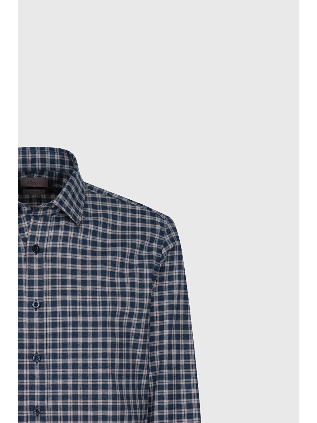 Erkek Lacivert-Bej %100 Pamuk Slim Fit Dar Kesim Düğmeli Yaka Kareli Flanel Gömlek-6