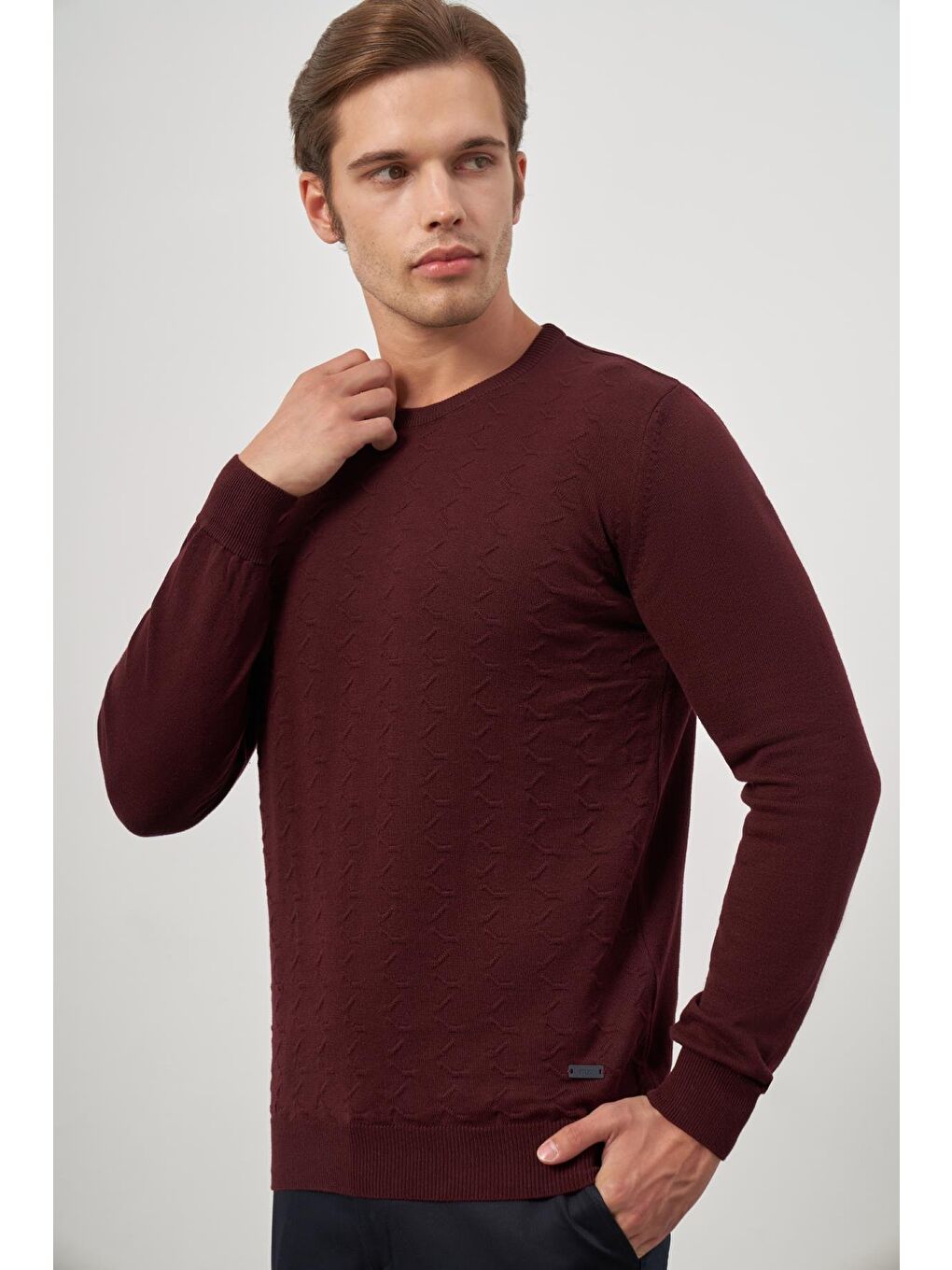 Bordo Uzun Kol Kendinden Desenli Örme Bisiklet Yaka Classic Comfort Fit Triko 1012245155-4