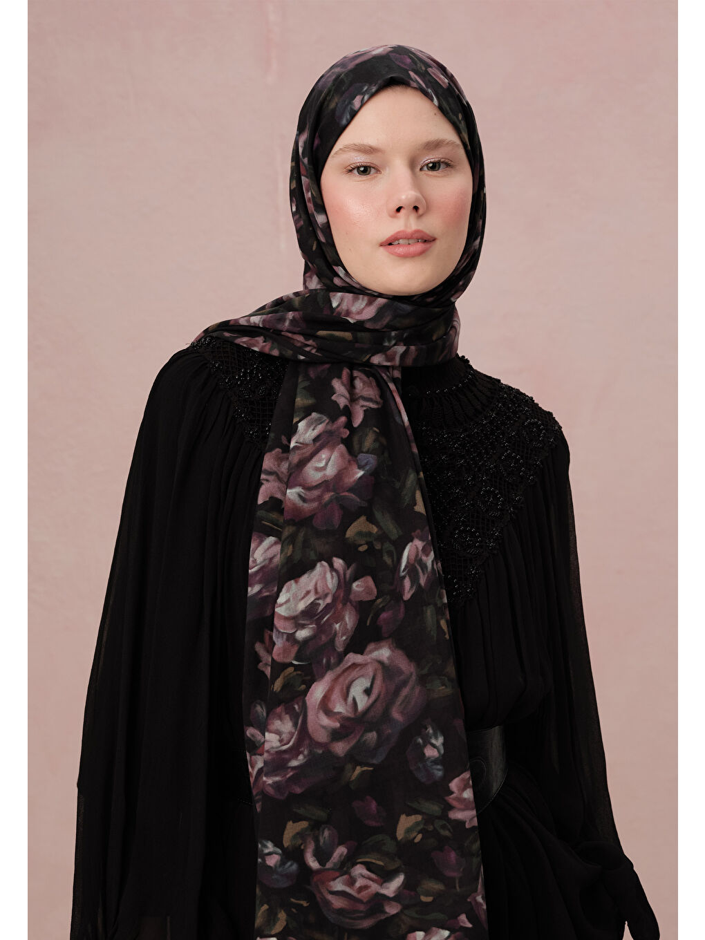 Lila Wıld Rose Desen Vual Şal Lavanta-2