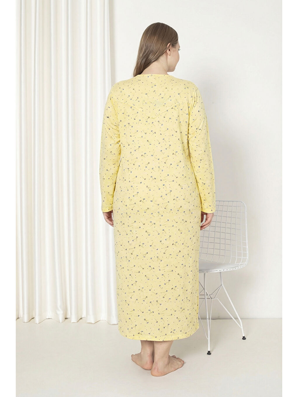 Sarı %100 Pamuklu Mevsimlik Kumaş Uzun Kollu Büyük Beden Anne Geceliği 585-4