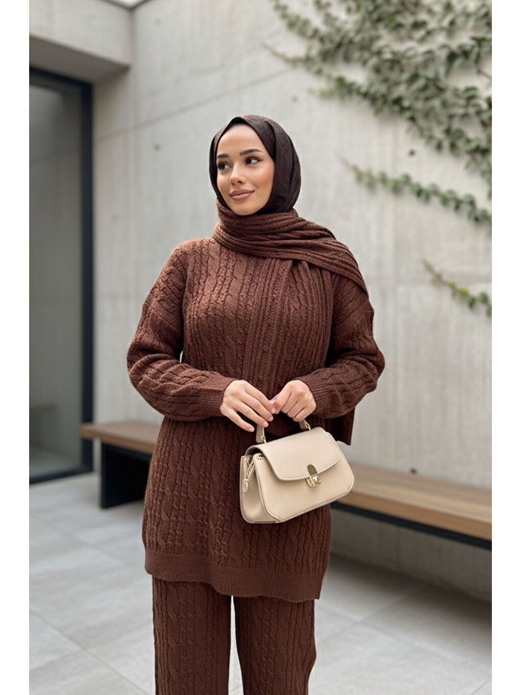 Kahverengi Saç Örgülü Atkılı Tunik Pantolon Tesettür Triko Üçlü Takım-6