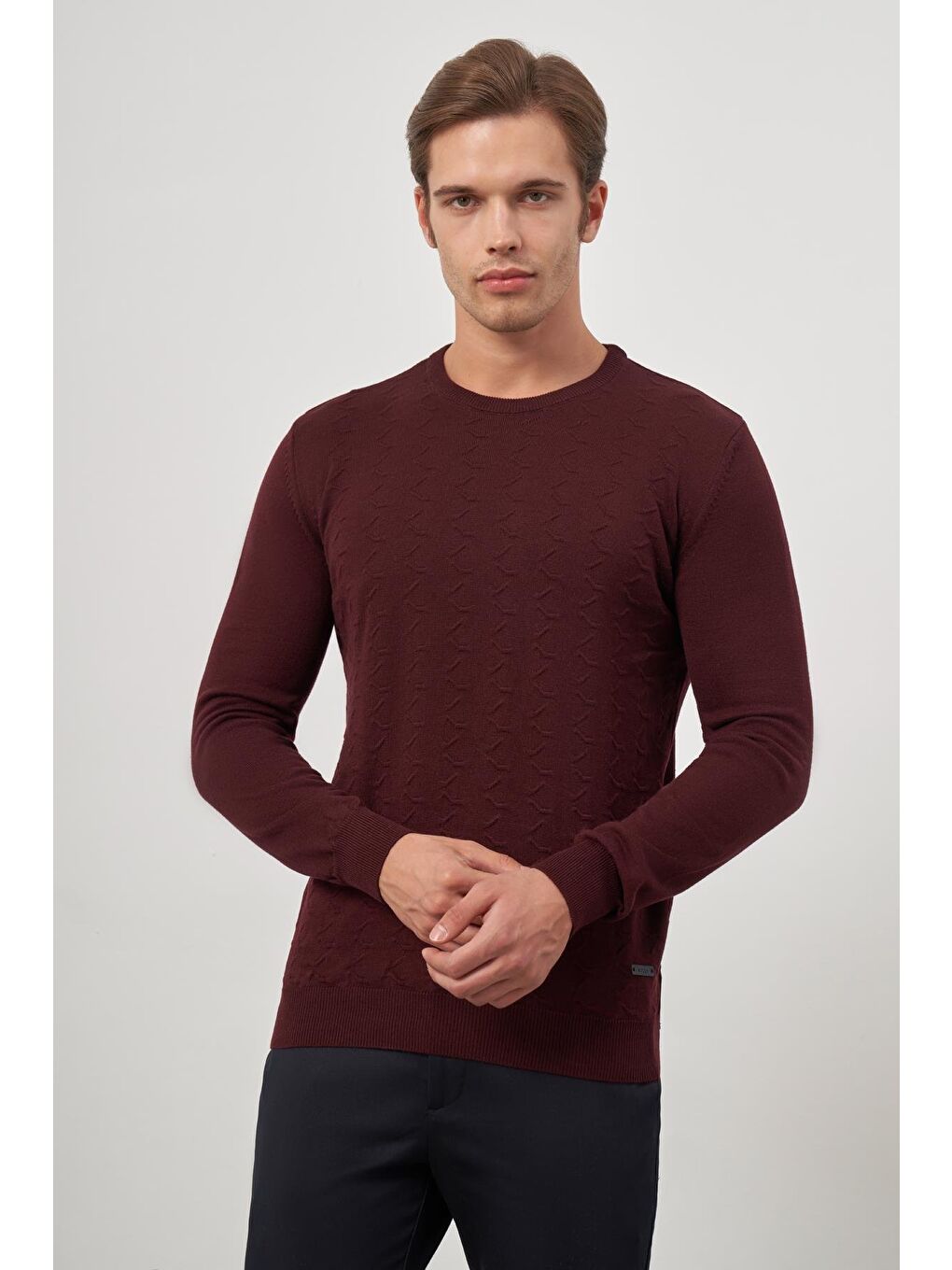 Bordo Uzun Kol Kendinden Desenli Örme Bisiklet Yaka Classic Comfort Fit Triko 1012245155-5