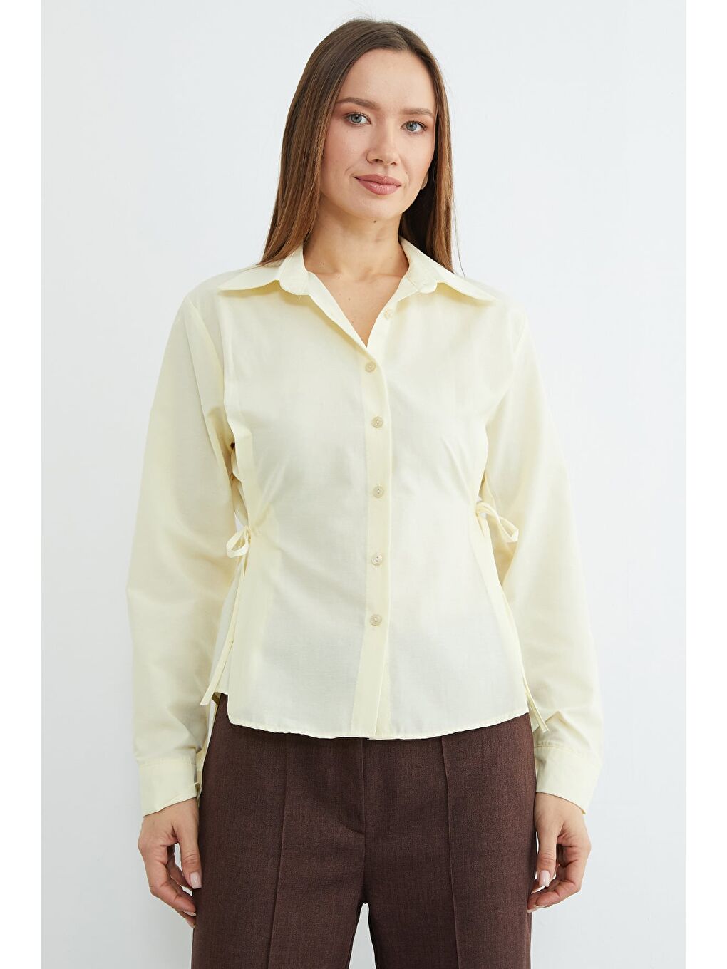 Sarı Basic Yanı Bağlama Detaylı Gömlek-1