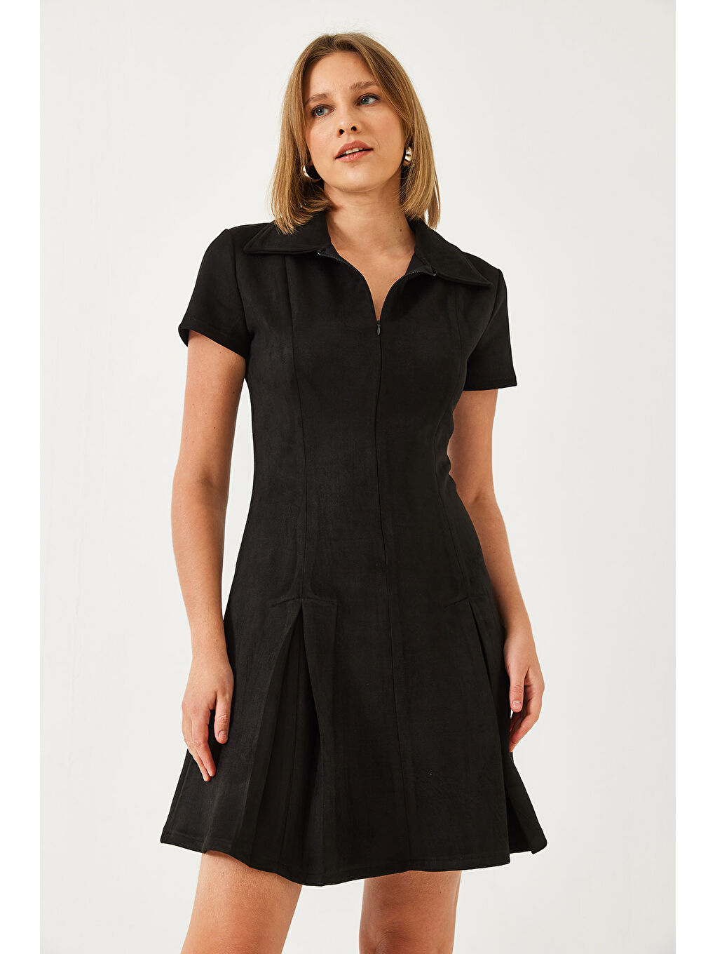 Siyah Kadın Polo Yaka Pileli Süet Elbise-3