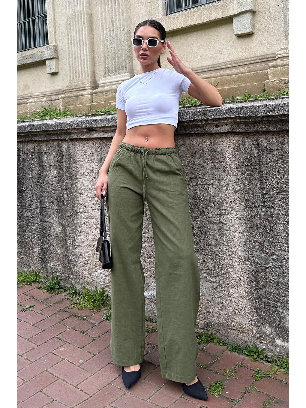 Haki Beli Büzgülü Wide Leg Kumaş Pantolon Mg1950